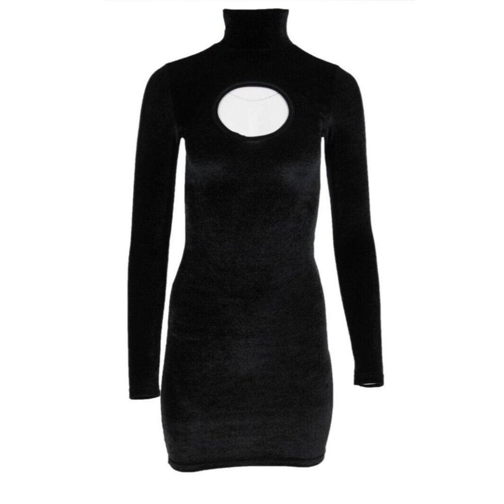 Vetements Womens Cut Out Mini Dress Small Black Stretch Velvet Mock Neck Demna